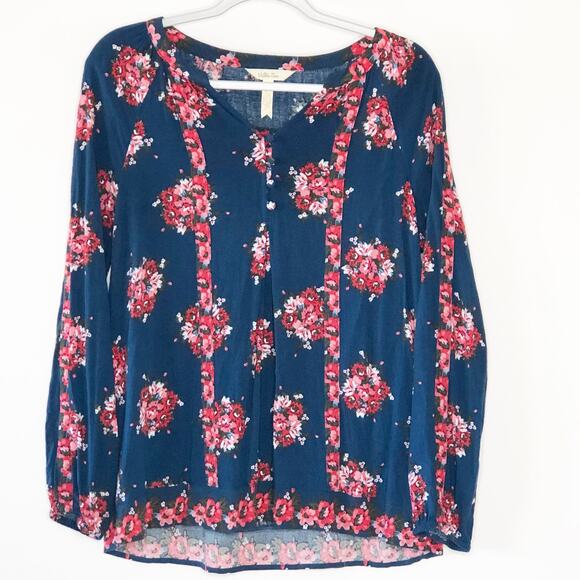 Matilda Jane Top Medium V Neck Blue Floral Covered Buttons Boho - Picture 1 of 5